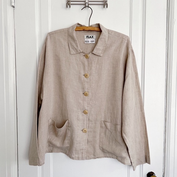 FLAX • 100% linen jacket natural lagenlook oversized boxy collared beige tan - Picture 1 of 5